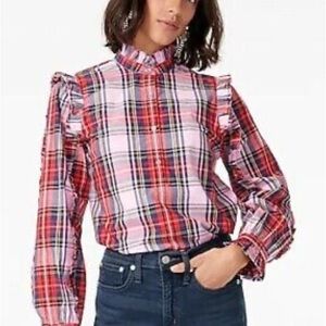 J Crew Classic Fit Plaid Ruffle Long Sleeve Popover Blouse